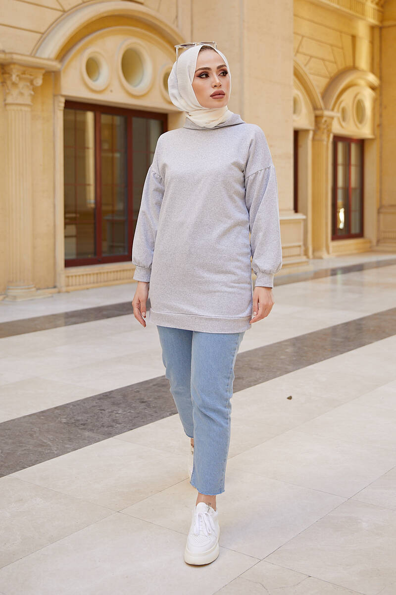 Kadin Gri Balon Kol Uzun Sweatshirt Tesettur Sweat Festmoda Kadin Gri Balon Kol Uzun Sweatshirt Tesettur Sweat Festmoda