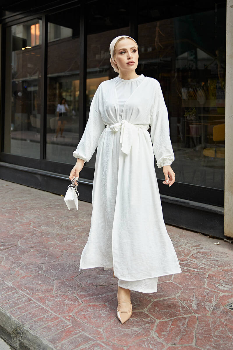 festmoda - KADIN KİMONO-PANTOLON AEROBİN TAKIM BEYAZ