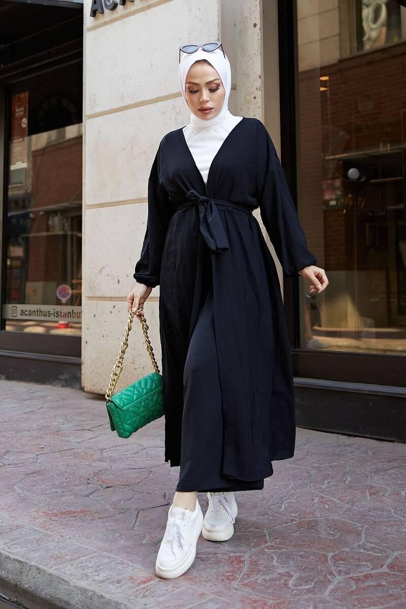 festmoda - KADIN KİMONO-PANTOLON AEROBİN TAKIM SİYAH