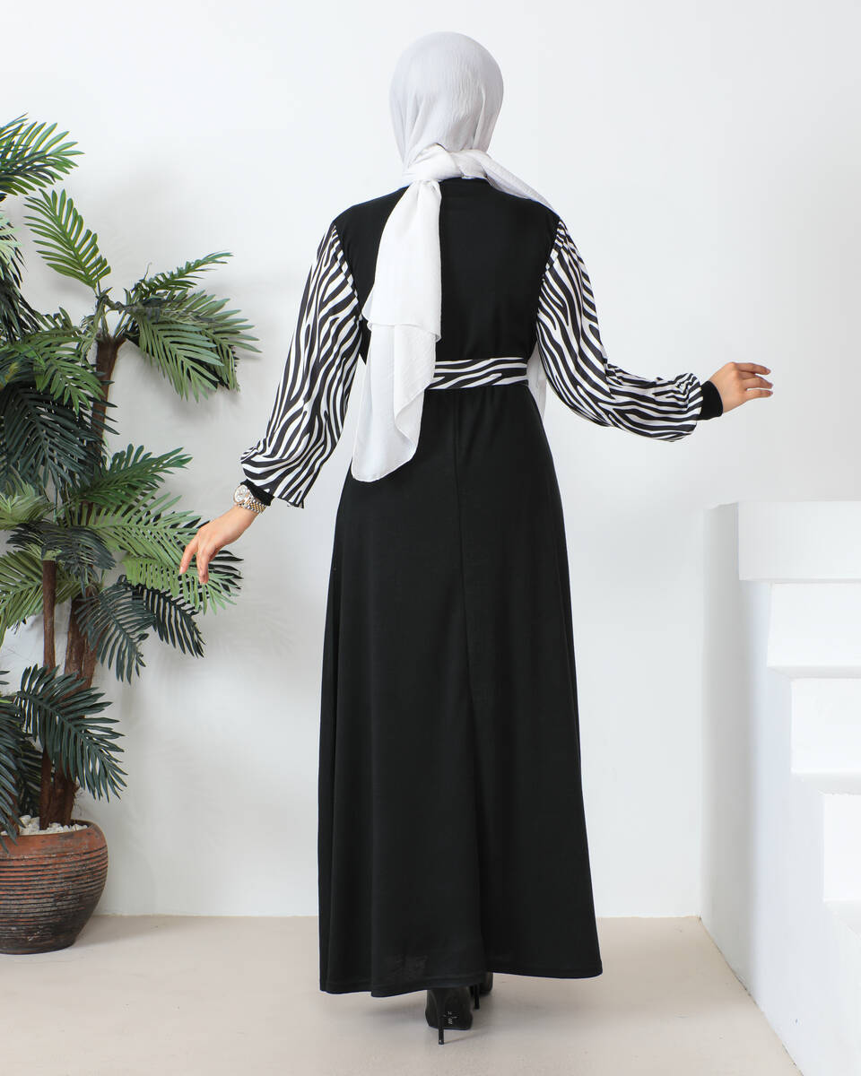  Kadın Uzun Boy Zebra Desen Siyah Elbise