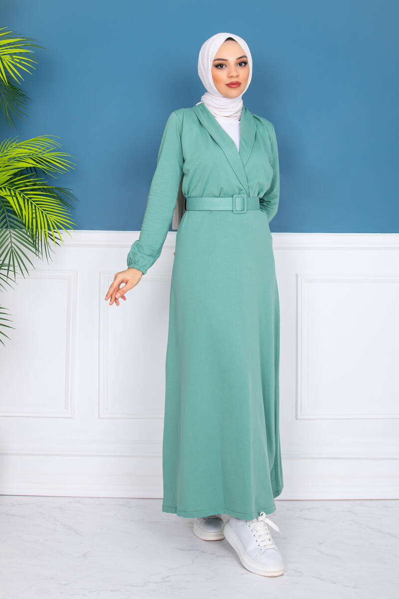 festmoda - Kadın Yaka Detaylı Uzun Kemerli Mint Yeşili Elbise