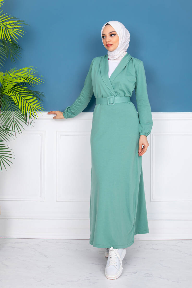  Kadın Yaka Detaylı Uzun Kemerli Mint Yeşili Elbise