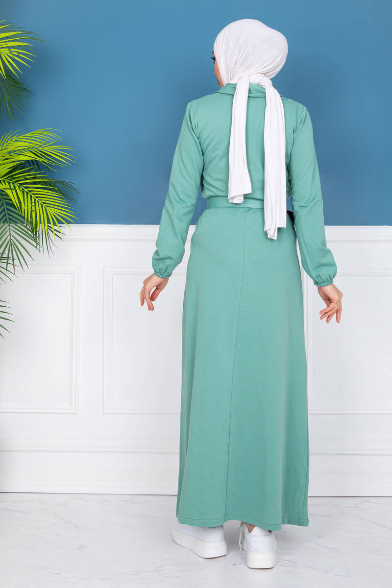  Kadın Yaka Detaylı Uzun Kemerli Mint Yeşili Elbise