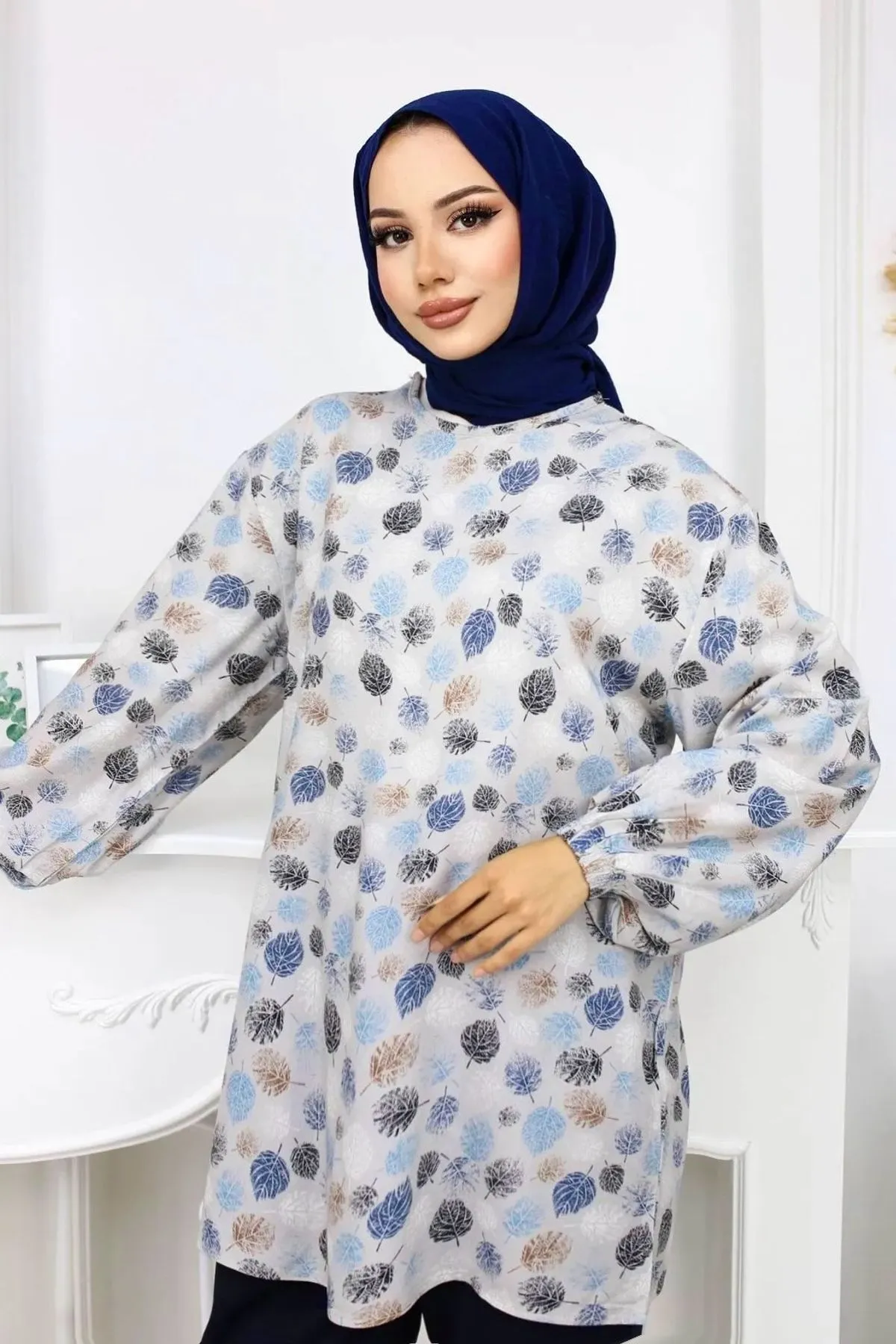 festmoda - Mavi Yapraklı Tunik